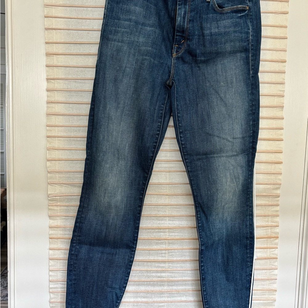 MOTHER Slim Fit Looker Frayed High Waisted Denim Jeans in Deep Blue